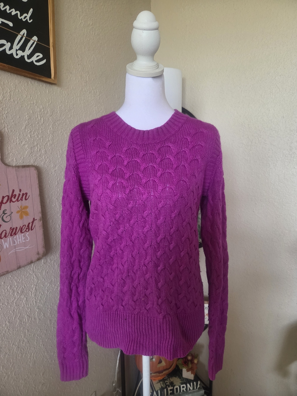 J. Crew Cable-Knit Crewneck Sweater in Fuchsia
